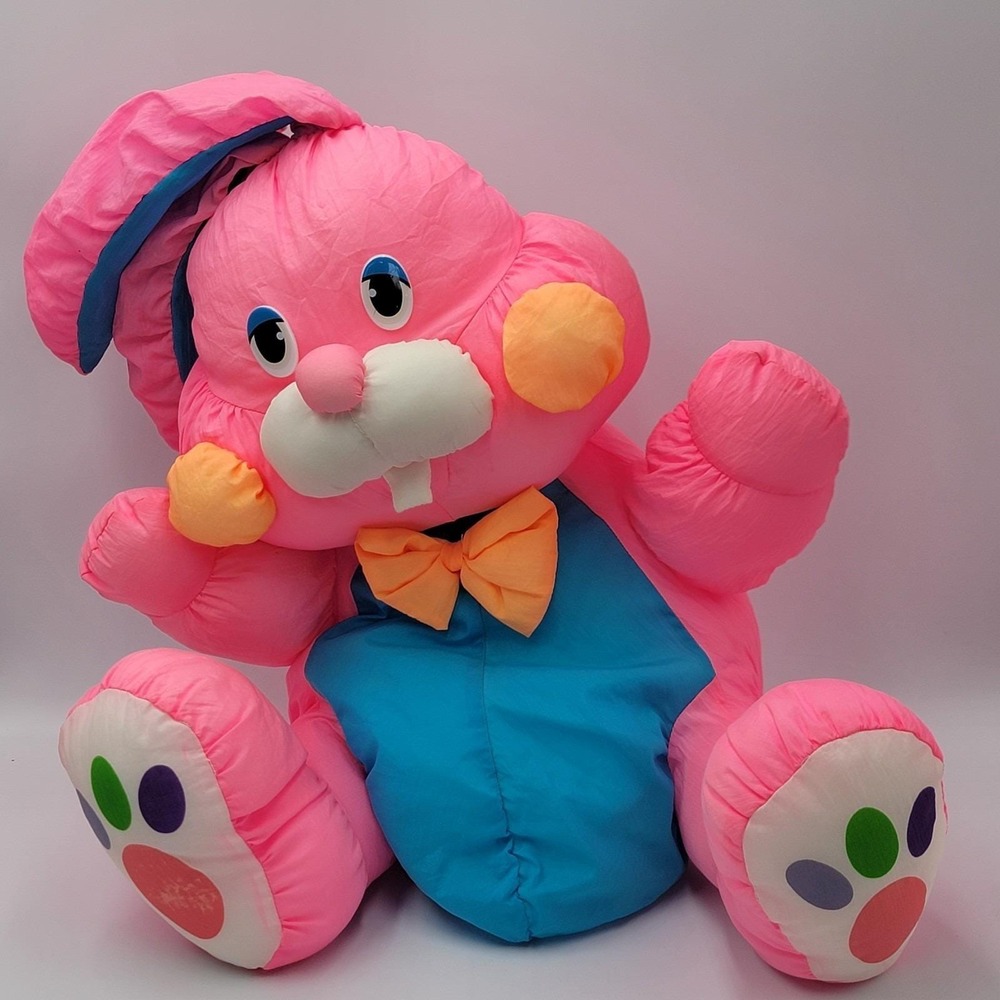 Vintage Bright Pink Bunny Rabbit Blue Tie Plush Stuffed Puffy Nylon Easter